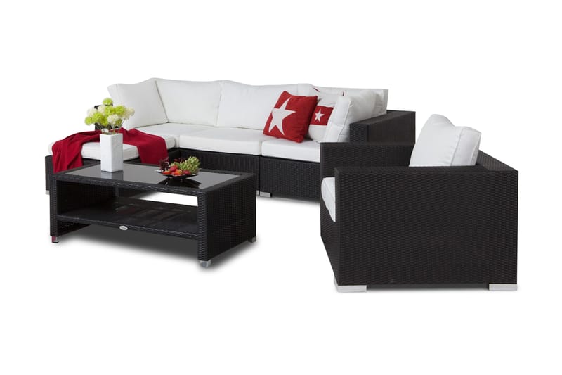 Bahamas Loungegrupp utomhus - Soffgrupp för uteplats 5-sits - Loungeset konstrotting utemöbler - Svart / Vita dynor - Utemöbler & utemiljö - Loungemöbler - Loungeset & loungegrupp