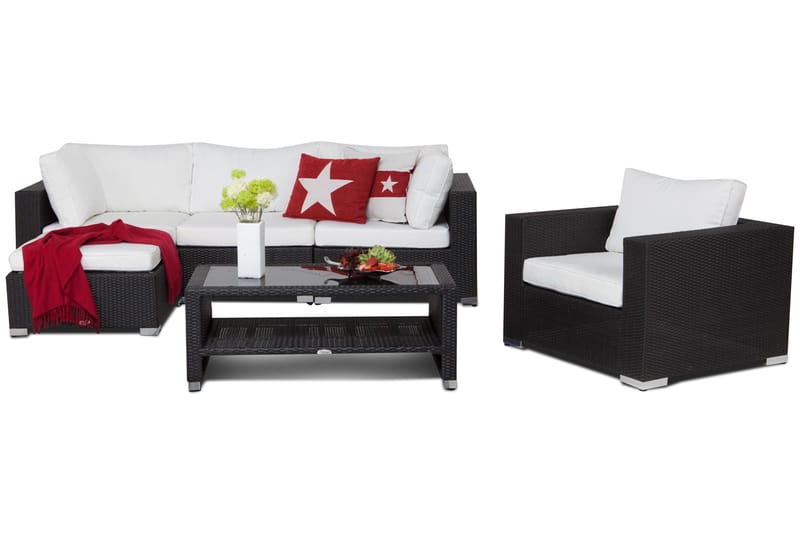 Bahamas Loungegrupp utomhus - Soffgrupp för uteplats 5-sits - Loungeset konstrotting utemöbler - Svart / Vita dynor - Utemöbler & utemiljö - Loungemöbler - Loungeset & loungegrupp