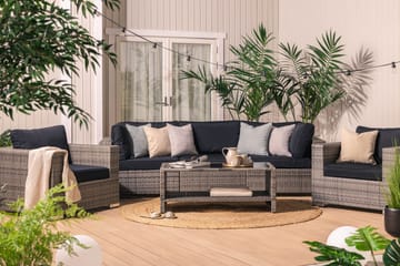 Bahamas Loungegrupp utomhus - Soffgrupp till balkong 5-sits - Loungeset utemöbler - 1 Bord m Hylla - Brun / Svarta dynor - Utemöbler & utemiljö - Loungemöbler - Loungeset & loungegrupp