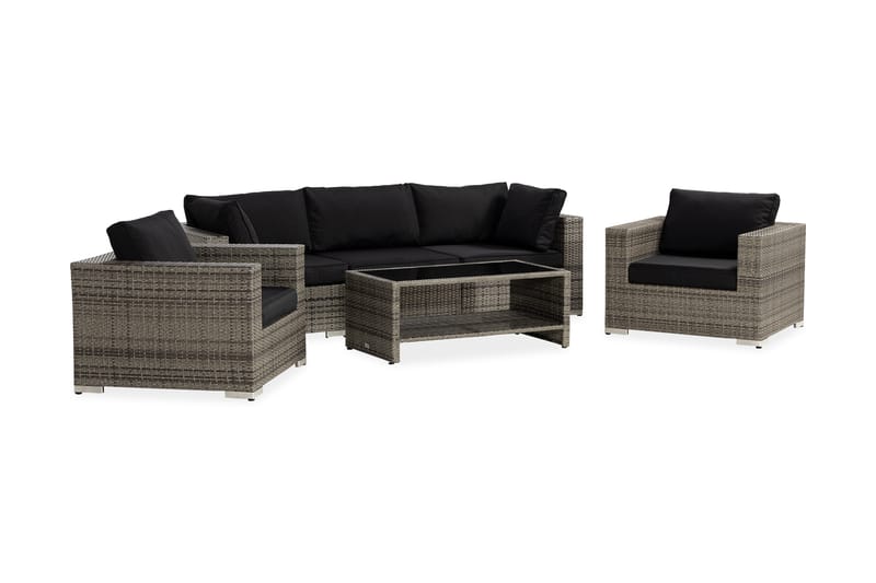 Bahamas Loungegrupp utomhus - Soffgrupp till balkong 5-sits - Loungeset utemöbler - 1 Bord m Hylla - Brun / Svarta dynor - Utemöbler & utemiljö - Loungemöbler - Loungeset & loungegrupp