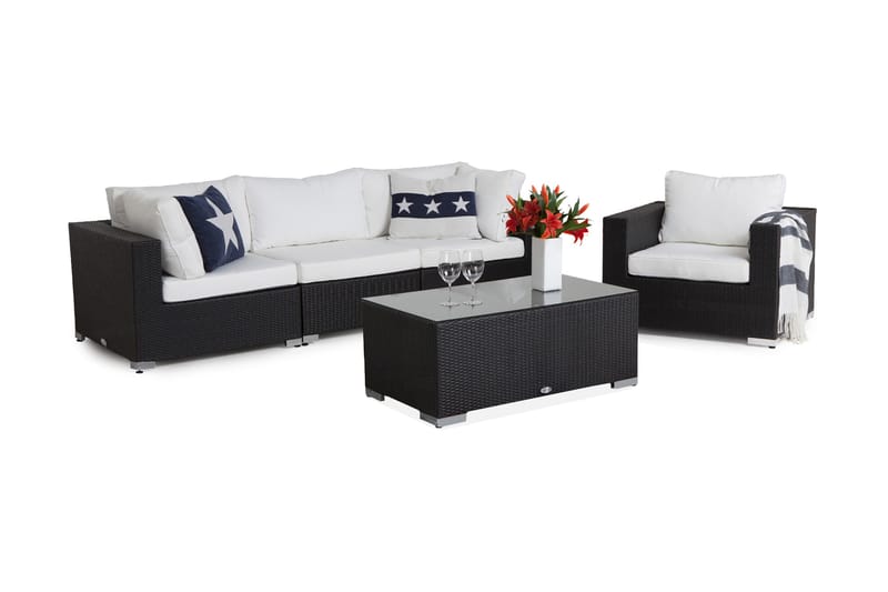 Bahamas Loungegrupp utomhus - Soffgrupp till trädgård 4-sits - Loungeset konstrotting med glasbord utemöbler - Svart / Vita dynor - Utemöbler & utemiljö - Loungemöbler - Loungeset & loungegrupp