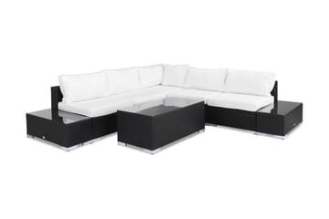 Bahamas Loungegrupp utomhus - Soffgrupp till trädgård 5-sits L-soffa - Loungeset med bord konstrotting utemöbler - Svart / Vita dynor / Glas - Utemöbler & utemiljö - Loungemöbler - Loungeset & loungegrupp