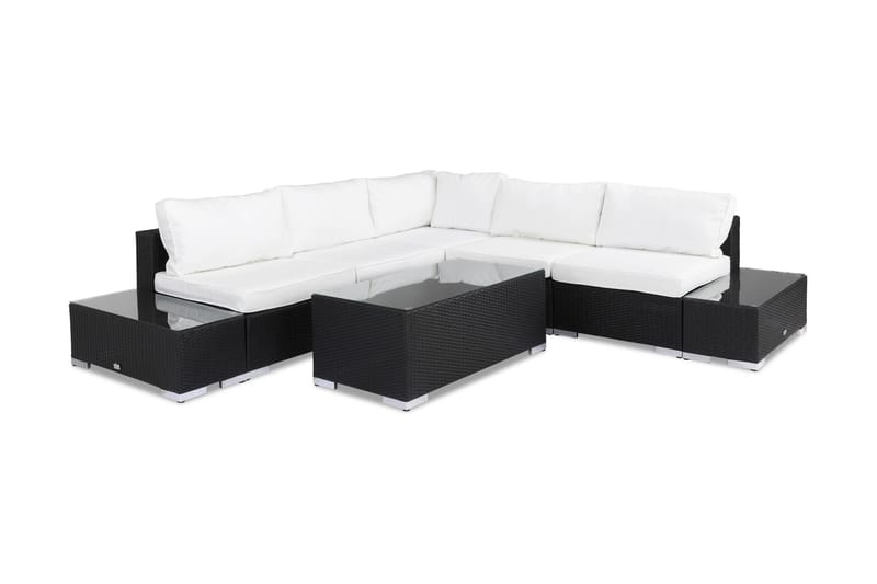 Bahamas Loungegrupp utomhus - Soffgrupp till trädgård 5-sits L-soffa - Loungeset med bord konstrotting utemöbler - Svart / Vita dynor / Glas - Utemöbler & utemiljö - Loungemöbler - Loungeset & loungegrupp