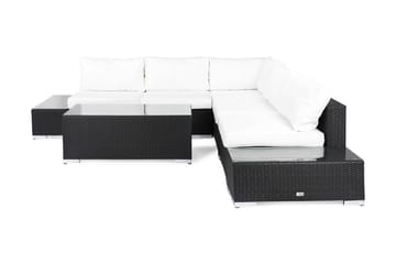 Bahamas Loungegrupp utomhus - Soffgrupp till trädgård 5-sits L-soffa - Loungeset med bord konstrotting utemöbler - Svart / Vita dynor / Glas - Utemöbler & utemiljö - Loungemöbler - Loungeset & loungegrupp