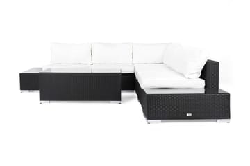 Bahamas Loungegrupp utomhus - Soffgrupp till trädgård 5-sits L-soffa - Loungeset med bord konstrotting utemöbler - Svart / Vita dynor / Glas - Utemöbler & utemiljö - Loungemöbler - Loungeset & loungegrupp