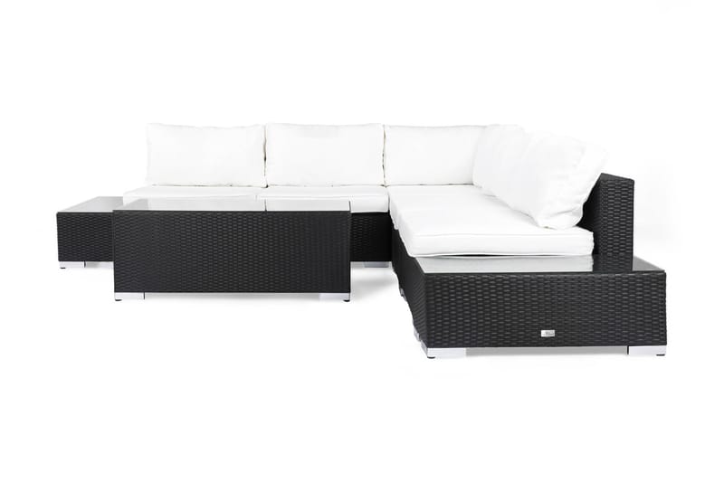 Bahamas Loungegrupp utomhus - Soffgrupp till trädgård 5-sits L-soffa - Loungeset med bord konstrotting utemöbler - Svart / Vita dynor / Glas - Utemöbler & utemiljö - Loungemöbler - Loungeset & loungegrupp