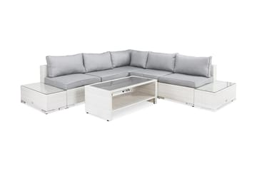 Bahamas Loungegrupp utomhus - Soffgrupp till trädgård 5-sits - Loungeset i konstrotting bord med hylla utemöbler - Vit / Gråa dynor - Utemöbler & utemiljö - Loungemöbler - Loungeset & loungegrupp