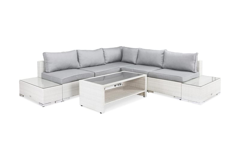 Bahamas Loungegrupp utomhus - Soffgrupp till trädgård 5-sits - Loungeset i konstrotting bord med hylla utemöbler - Vit / Gråa dynor - Utemöbler & utemiljö - Loungemöbler - Loungeset & loungegrupp