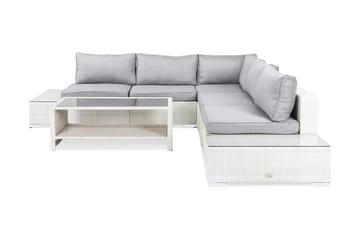 Bahamas Loungegrupp utomhus - Soffgrupp till trädgård 5-sits - Loungeset i konstrotting bord med hylla utemöbler - Vit / Gråa dynor - Utemöbler & utemiljö - Loungemöbler - Loungeset & loungegrupp