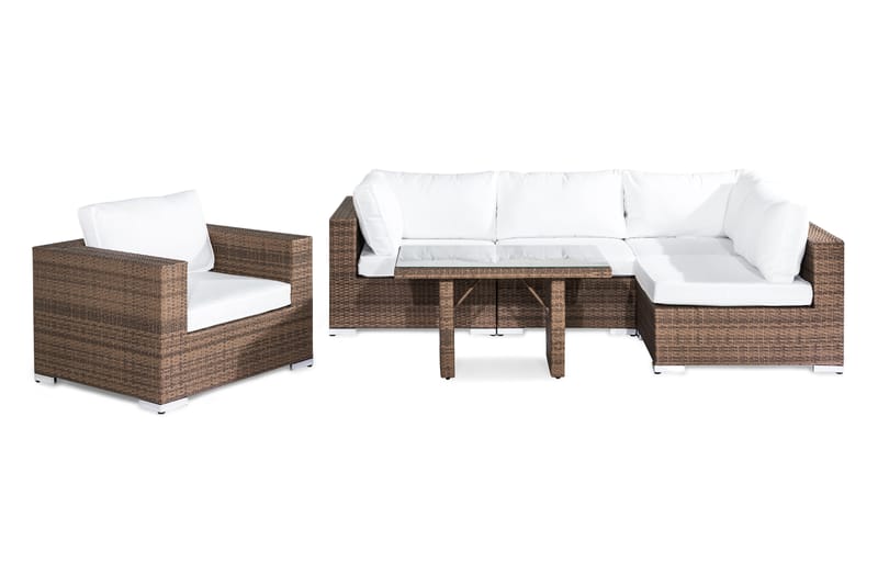 Bahamas Loungegrupp utomhus - Soffgrupp till trädgård 5-sits - Loungeset konstrotting utemöbler - Beige / Brun med vita dynor - Utemöbler & utemiljö - Loungemöbler - Loungeset & loungegrupp