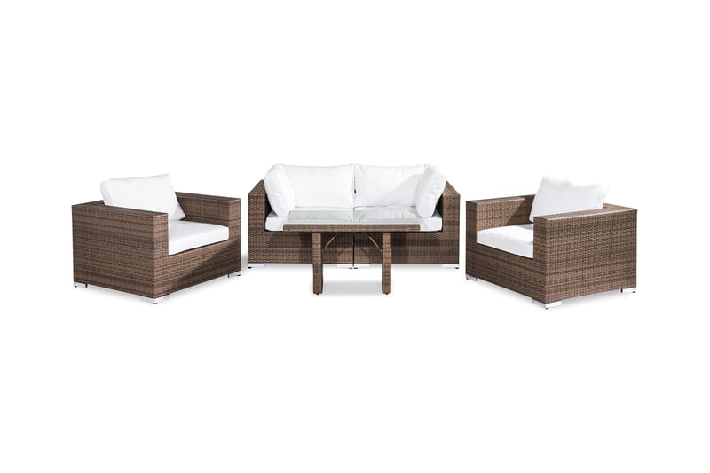 Bahamas Loungegrupp utomhus - Soffgrupp till uteplats 4-sits - Loungeset konstrotting utemöbler - 2 fåtöljer - Sand / Brun / VIta dynor - Utemöbler & utemiljö - Loungemöbler - Loungeset & loungegrupp