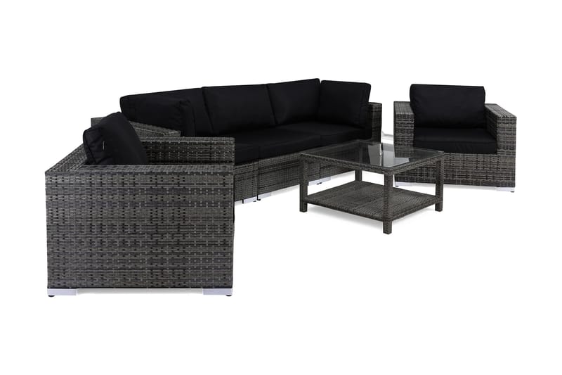 Bahamas Loungegrupp utomhus - Soffgrupp till uteplats 5-sits - Loungeset konstrotting utemöbler - Bord 75x75 - Grå / Mörk / Svarta dynor - Utemöbler & utemiljö - Loungemöbler - Loungeset & loungegrupp
