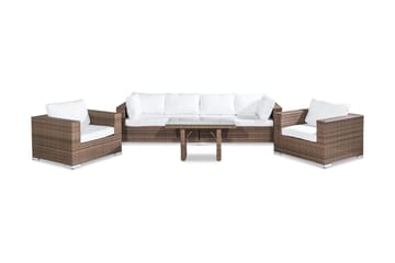 Bahamas Loungegrupp utomhus - Soffgrupp till uteplats 6-sits - Loungeset konstrotting utemöbler - Sand / Brun / Vita dynor - Utemöbler & utemiljö - Loungemöbler - Loungeset & loungegrupp