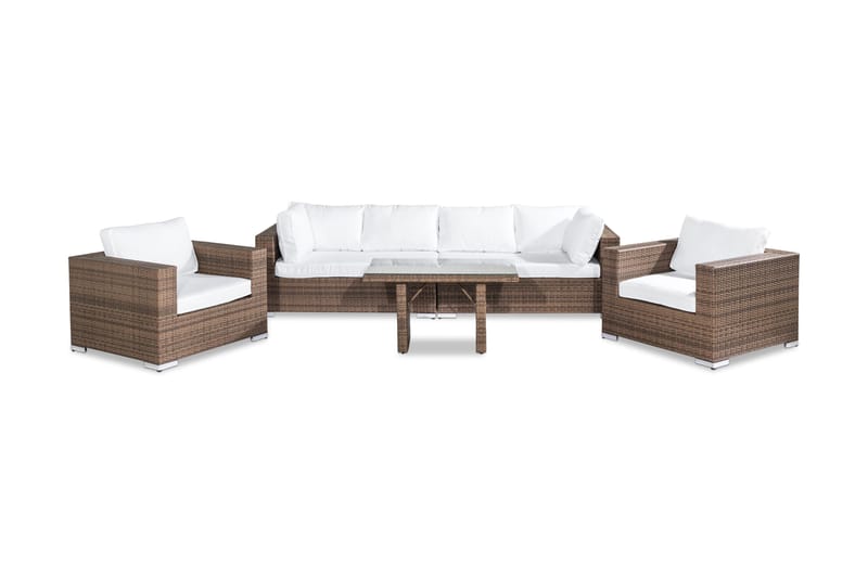 Bahamas Loungegrupp utomhus - Soffgrupp till uteplats 6-sits - Loungeset konstrotting utemöbler - Sand / Brun / Vita dynor - Utemöbler & utemiljö - Loungemöbler - Loungeset & loungegrupp