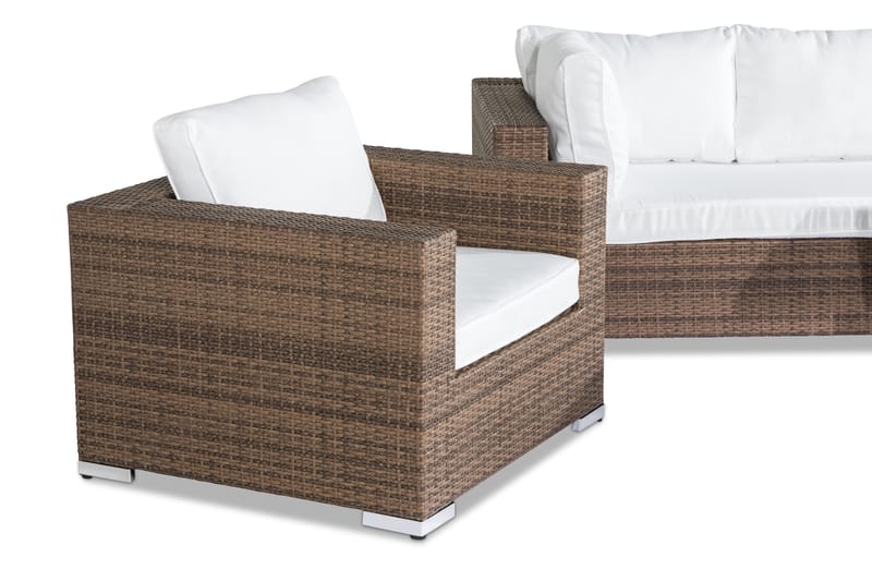 Bahamas Loungegrupp utomhus - Soffgrupp till uteplats 6-sits - Loungeset konstrotting utemöbler - Sand / Brun / Vita dynor - Utemöbler & utemiljö - Loungemöbler - Loungeset & loungegrupp