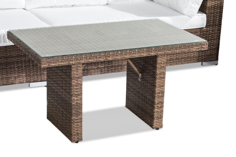 Bahamas Loungegrupp utomhus - Soffgrupp till uteplats 6-sits - Loungeset konstrotting utemöbler - Sand / Brun / Vita dynor - Utemöbler & utemiljö - Loungemöbler - Loungeset & loungegrupp