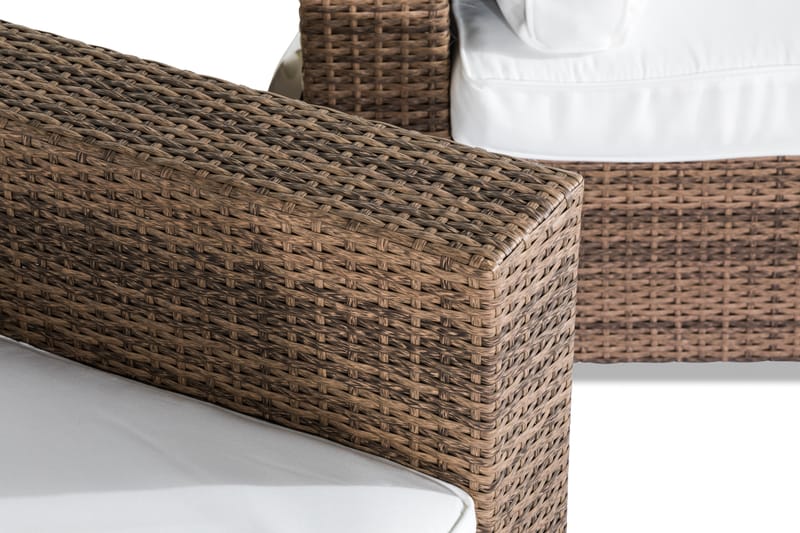Bahamas Loungegrupp utomhus - Soffgrupp till uteplats 6-sits - Loungeset konstrotting utemöbler - Sand / Brun / Vita dynor - Utemöbler & utemiljö - Loungemöbler - Loungeset & loungegrupp