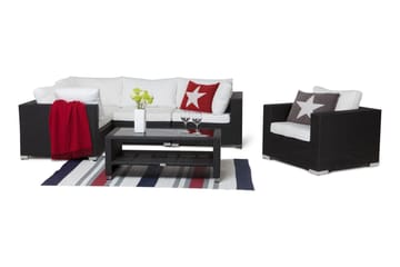 Bahamas Loungegrupp utomhus - Soffgrupp uteplats 5-sits - Loungeset konstrotting utemöbler - Svart / Vita dynor - Utemöbler & utemiljö - Loungemöbler - Loungeset & loungegrupp