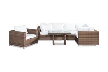 Bahamas Stor Loungegrupp Utomhus - 6-sits Konstrotting Utemöbler Loungeset med Utefåtölj för Uteplats och Trädgård - Beige / Vita dynor / Glas - Utemöbler & utemiljö - Loungemöbler - Loungeset & loungegrupp