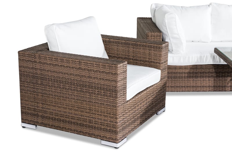 Bahamas Stor Loungegrupp Utomhus - 6-sits Konstrotting Utemöbler Loungeset med Utefåtölj för Uteplats och Trädgård - Beige / Vita dynor / Glas - Utemöbler & utemiljö - Loungemöbler - Loungeset & loungegrupp