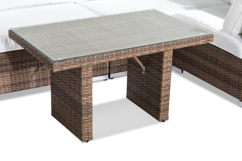 Bahamas Stor Loungegrupp Utomhus - 6-sits Konstrotting Utemöbler Loungeset med Utefåtölj för Uteplats och Trädgård - Beige / Vita dynor / Glas - Utemöbler & utemiljö - Loungemöbler - Loungeset & loungegrupp