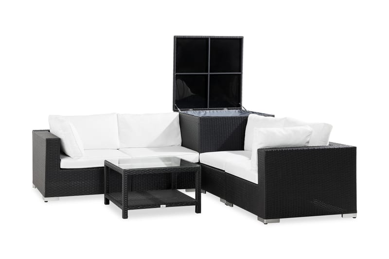 Bahamas Stor loungegrupp utomhus - Soffgrupp 7-sits till uteplats - Loungeset med dynbox konstrotting utemöbler - Svart / Vita dynor - Utemöbler & utemiljö - Loungemöbler - Loungeset & loungegrupp