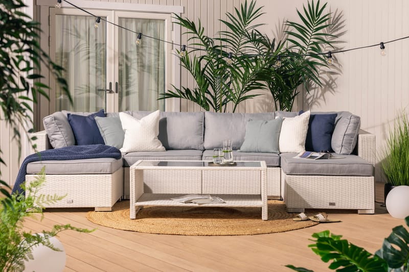 Bahamas Stor loungegrupp utomhus - Soffgrupp till uteplats & trädgård 6-sits - Loungeset konstrotting utemöbler - Vit / Gråa dynor - Utemöbler & utemiljö - Loungemöbler - Loungeset & loungegrupp