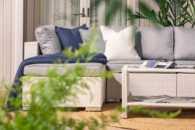 Bahamas Stor loungegrupp utomhus - Soffgrupp till uteplats & trädgård 6-sits - Loungeset konstrotting utemöbler - Vit / Gråa dynor - Utemöbler & utemiljö - Loungemöbler - Loungeset & loungegrupp