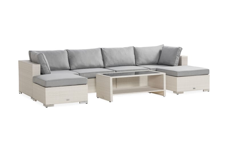 Bahamas Stor loungegrupp utomhus - Soffgrupp till uteplats & trädgård 6-sits - Loungeset konstrotting utemöbler - Vit / Gråa dynor - Utemöbler & utemiljö - Loungemöbler - Loungeset & loungegrupp