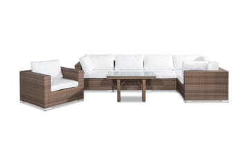 Bahamas Stor loungegrupp utomhus - Soffgrupp till uteplats 6-sits - Loungeset i konstrotting utemöbler - Sand / Brun / Vita dynor - Utemöbler & utemiljö - Loungemöbler - Loungeset & loungegrupp