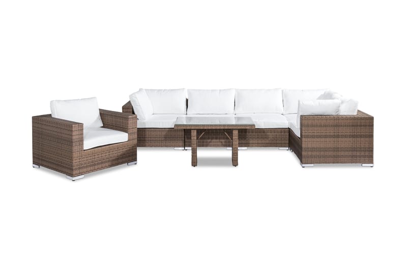 Bahamas Stor loungegrupp utomhus - Soffgrupp till uteplats 6-sits - Loungeset i konstrotting utemöbler - Sand / Brun / Vita dynor - Utemöbler & utemiljö - Loungemöbler - Loungeset & loungegrupp