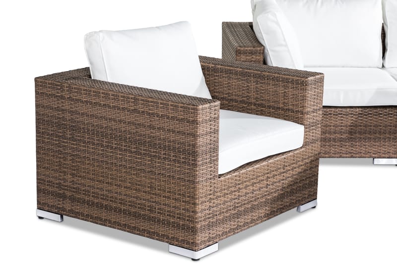 Bahamas Stor loungegrupp utomhus - Soffgrupp till uteplats 6-sits - Loungeset i konstrotting utemöbler - Sand / Brun / Vita dynor - Utemöbler & utemiljö - Loungemöbler - Loungeset & loungegrupp