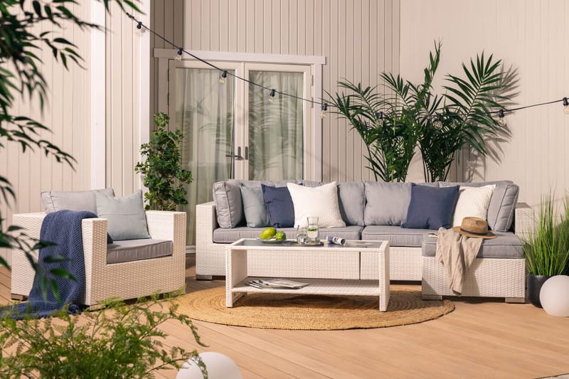 Bahamas Stor loungegrupp utomhus - Soffgrupp till uteplats 6-sits - Loungeset konstrotting utemöbler - Beige / Gråa dynor - Utemöbler & utemiljö - Loungemöbler - Loungeset & loungegrupp