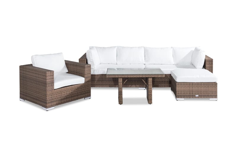 Bahamas Stor loungegrupp utomhus - Soffgrupp till uteplats 6-sits - Loungeset konstrotting utemöbler - Mörkbeige / Sand / Vita dynor - Utemöbler & utemiljö - Loungemöbler - Loungeset & loungegrupp