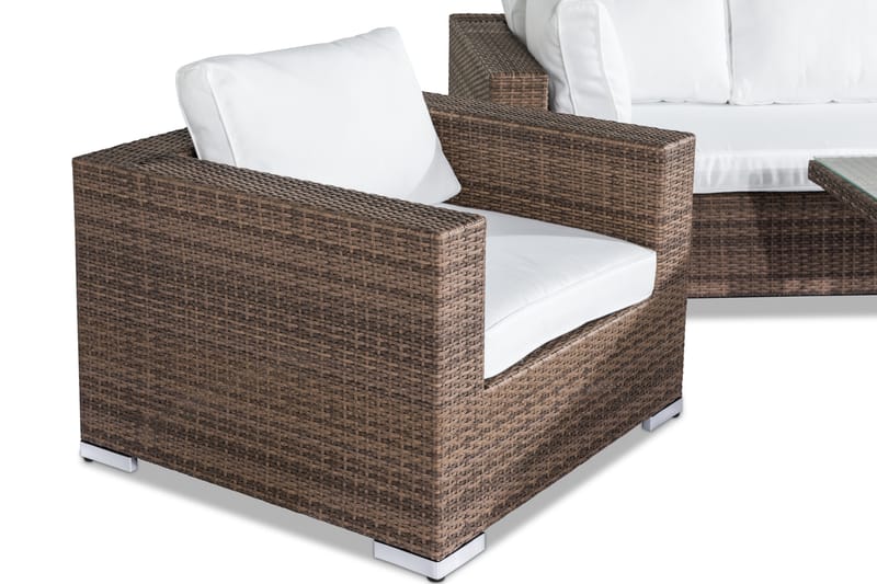 Bahamas Stor loungegrupp utomhus - Soffgrupp till uteplats 6-sits - Loungeset konstrotting utemöbler - Mörkbeige / Sand / Vita dynor - Utemöbler & utemiljö - Loungemöbler - Loungeset & loungegrupp