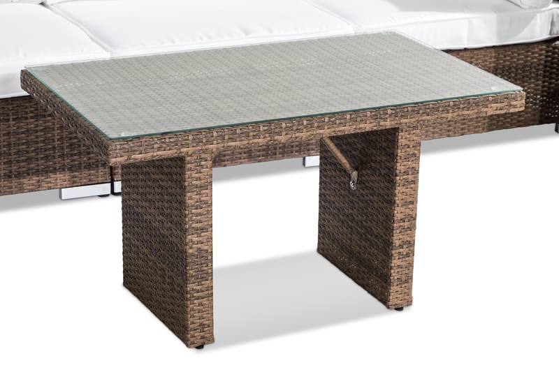 Bahamas Stor loungegrupp utomhus - Soffgrupp till uteplats 6-sits - Loungeset konstrotting utemöbler - Sand / Brun / Vita dynor - Utemöbler & utemiljö - Loungemöbler - Loungeset & loungegrupp