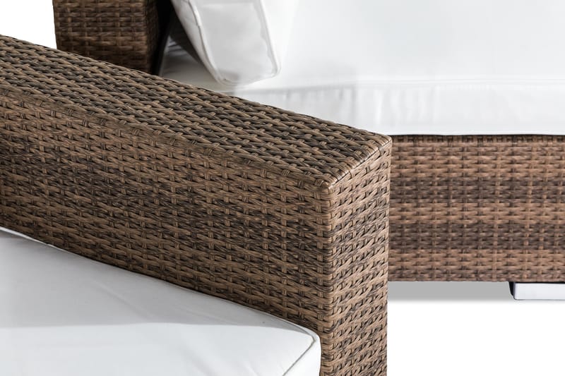 Bahamas Stor loungegrupp utomhus - Soffgrupp till uteplats 6-sits - Loungeset konstrotting utemöbler - Sand / Brun / Vita dynor - Utemöbler & utemiljö - Loungemöbler - Loungeset & loungegrupp