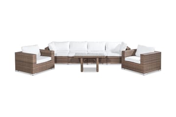 Bahamas Stor loungegrupp utomhus - Soffgrupp till uteplats 6-sits - Loungeset konstrotting utemöbler - Sand / Brun / Vita dynor - Utemöbler & utemiljö - Loungemöbler - Loungeset & loungegrupp