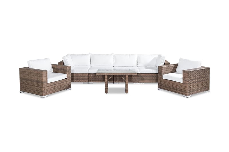 Bahamas Stor loungegrupp utomhus - Soffgrupp till uteplats 6-sits - Loungeset konstrotting utemöbler - Sand / Brun / Vita dynor - Utemöbler & utemiljö - Loungemöbler - Loungeset & loungegrupp