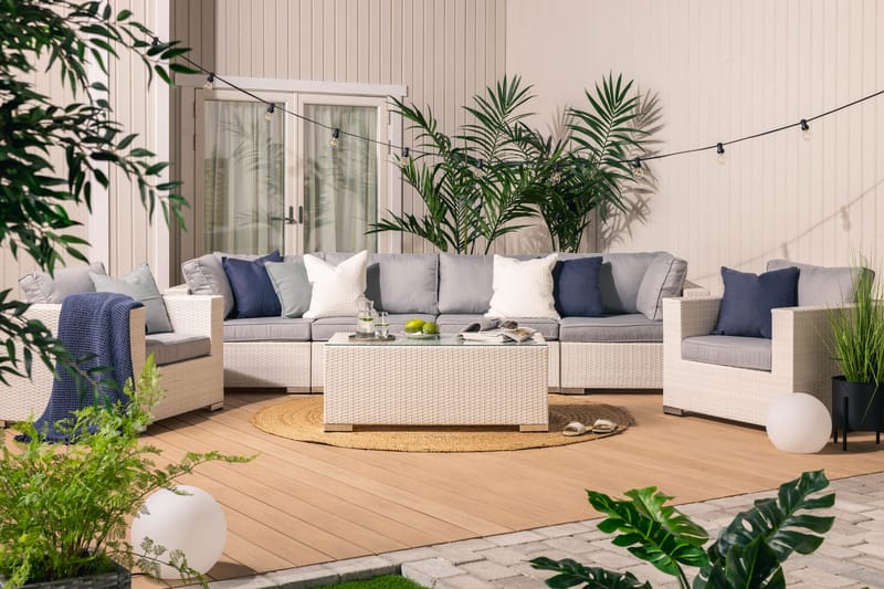 Bahamas Stor loungegrupp utomhus - Soffgrupp till uteplats 6-sits - Loungeset med 2 fåtöljer konstrotting utemöbler - Vit med Gråa dynor - Utemöbler & utemiljö - Loungemöbler - Loungeset & loungegrupp