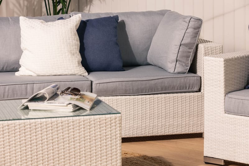 Bahamas Stor loungegrupp utomhus - Soffgrupp till uteplats 6-sits - Loungeset med 2 fåtöljer konstrotting utemöbler - Vit med Gråa dynor - Utemöbler & utemiljö - Loungemöbler - Loungeset & loungegrupp