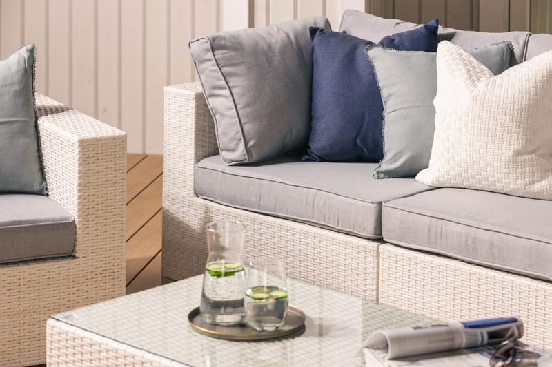 Bahamas Stor loungegrupp utomhus - Soffgrupp till uteplats 6-sits - Loungeset med 2 fåtöljer konstrotting utemöbler - Vit med Gråa dynor - Utemöbler & utemiljö - Loungemöbler - Loungeset & loungegrupp