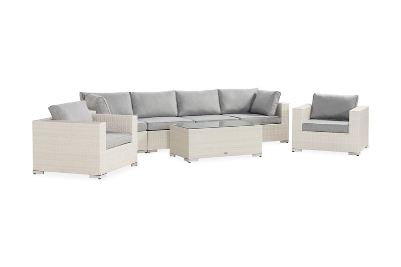 Bahamas Stor loungegrupp utomhus - Soffgrupp till uteplats 6-sits - Loungeset med 2 fåtöljer konstrotting utemöbler - Vit med Gråa dynor - Utemöbler & utemiljö - Loungemöbler - Loungeset & loungegrupp