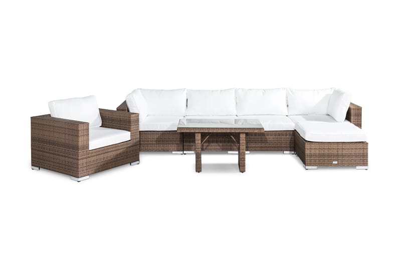 Bahamas Stor loungegrupp utomhus - Soffgrupp till uteplatsen 6-sits - Loungeset konstrotting utemöbler - Brun / Vita dynor - Utemöbler & utemiljö - Loungemöbler - Loungeset & loungegrupp