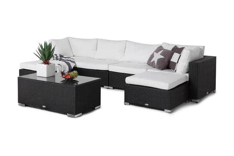 Bahamas Stor loungegrupp utomhus - Soffgrupp till uteplatsen 6-sits - Loungeset konstrotting utemöbler - Mörk / Vita dynor / Glas - Utemöbler & utemiljö - Loungemöbler - Loungeset & loungegrupp