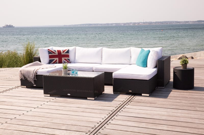 Bahamas Stor loungegrupp utomhus - Soffgrupp till uteplatsen 6-sits - Loungeset konstrotting utemöbler - Mörk / Vita dynor / Glas - Utemöbler & utemiljö - Loungemöbler - Loungeset & loungegrupp