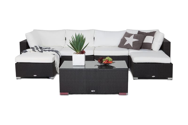 Bahamas Stor loungegrupp utomhus - Soffgrupp till uteplatsen 6-sits - Loungeset konstrotting utemöbler - Mörk / Vita dynor / Glas - Utemöbler & utemiljö - Loungemöbler - Loungeset & loungegrupp