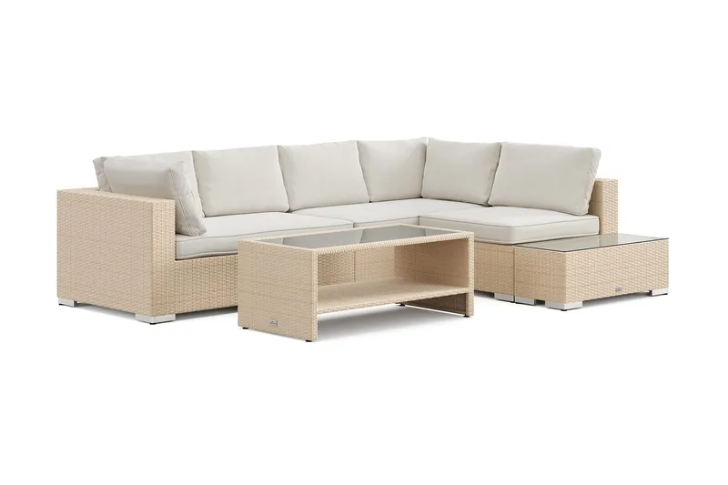 Bahamas utesoffa 5-sits vändbar schäslong med avslut och bord med hylla, Beige