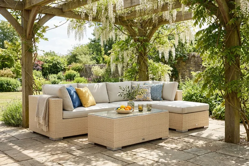 Bahamas utomhus divansoffa 5-sits med vändbar divan och bord - Beige - Utemöbler & utemiljö - Loungemöbler - Loungeset & loungegrupp
