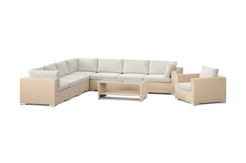 Bahamas utomhus hörnsoffa 8-sits vändbar med fåtölj och bord med hylla, Beige